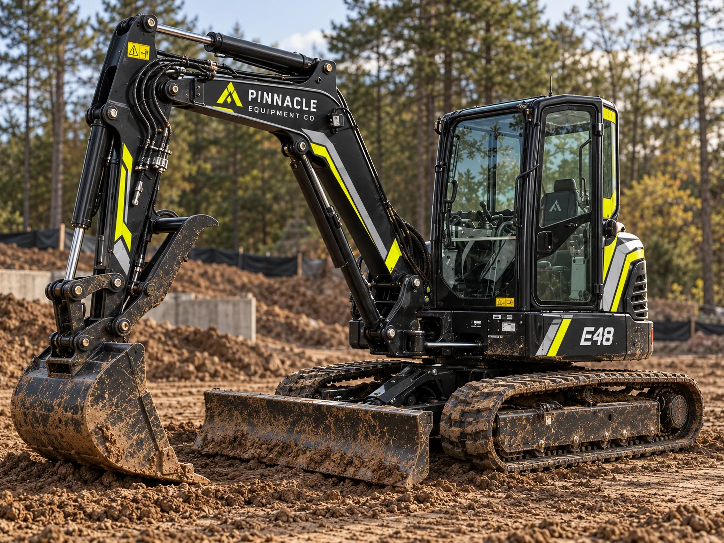 Pinnacle black and high-visibility yellow Bobcat E48 on a dirt site